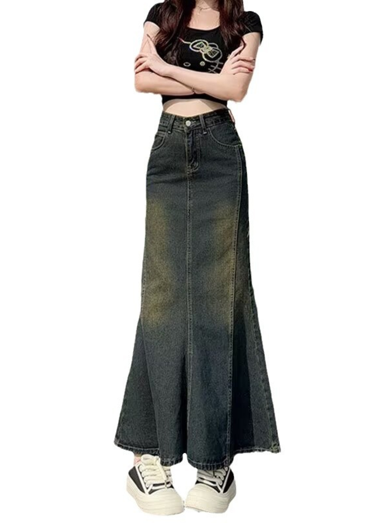 Street Fashion Jeans Women - Женская винтажная джинсовая юбка-макси с эффектом